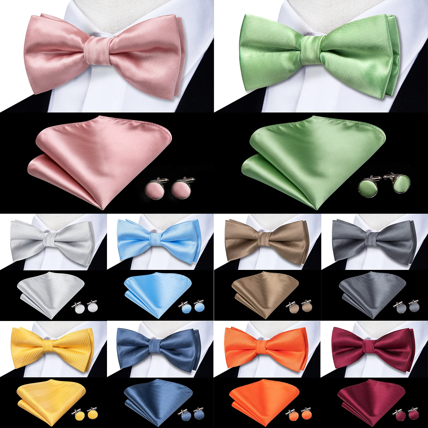 

Hi-Tie Dusty Pink Silk Mens Solid Sage Green Pre-tied Bow Tie Hanky Cufflink Set Butterfly Knot Bowtie for Male Wedding Business