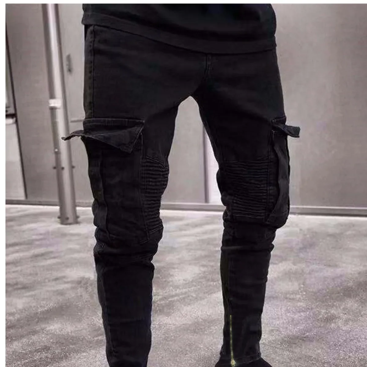 Men Jeans Washed Denim Pencil Pants Ankle Length Trousers Hole Distressed Multi Pockets Casual Spliced Zipper Vintage Denims