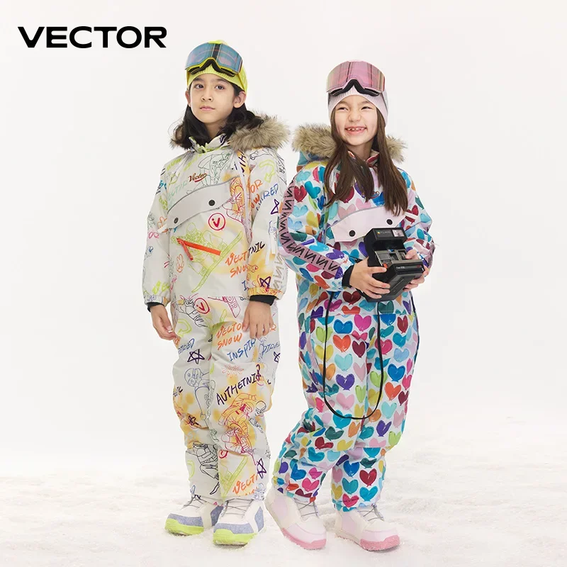 Warm Hooded VECTOR Kids Ski Jumpsuit Waterproof Thick One-Piece Winter Snowboard Overalls