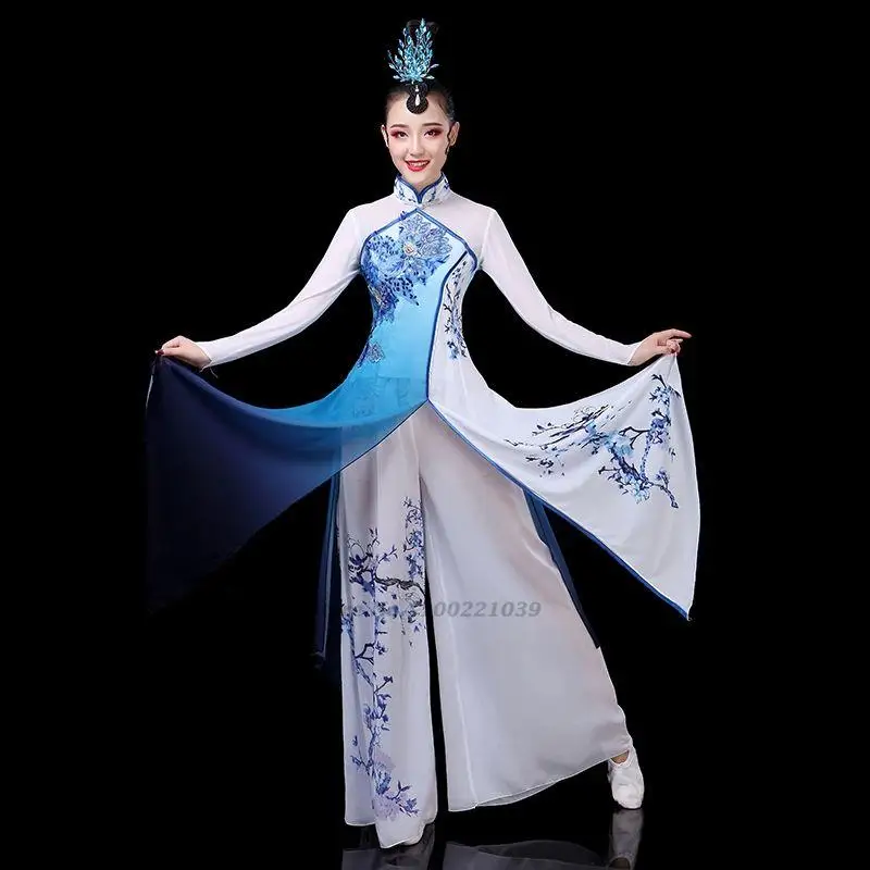 2024 traditional chinese vintage hanfu flower print qipao dress+pants set ancient folk dance costume stage performance dress