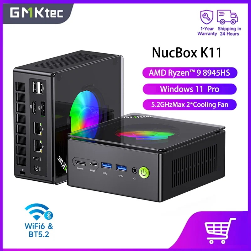 GMKtec NucBox K11 Mini PC AMD Ryzen 9 8945 5.2GHz Windows 11Pro 2.5G LAN2 WiFi6E BT5.2 Cooling 2Fan USB 4.0 Mini PC for Gaming