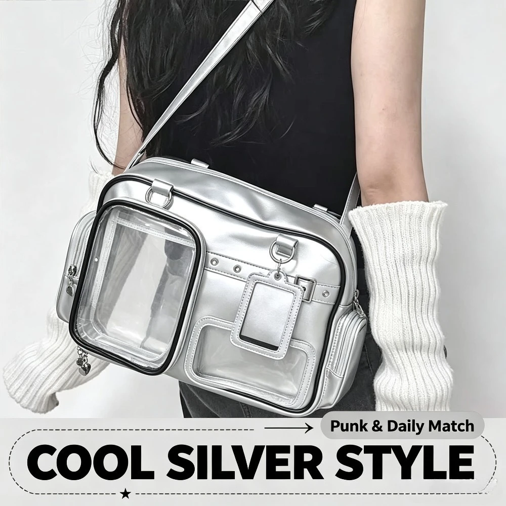 YUBAI Harajuku Bag Women Preppy PU Large‑Capacity Crossbody Shoulder Bag 20cm Doll Display Pin Collect Daily Chic Handbag