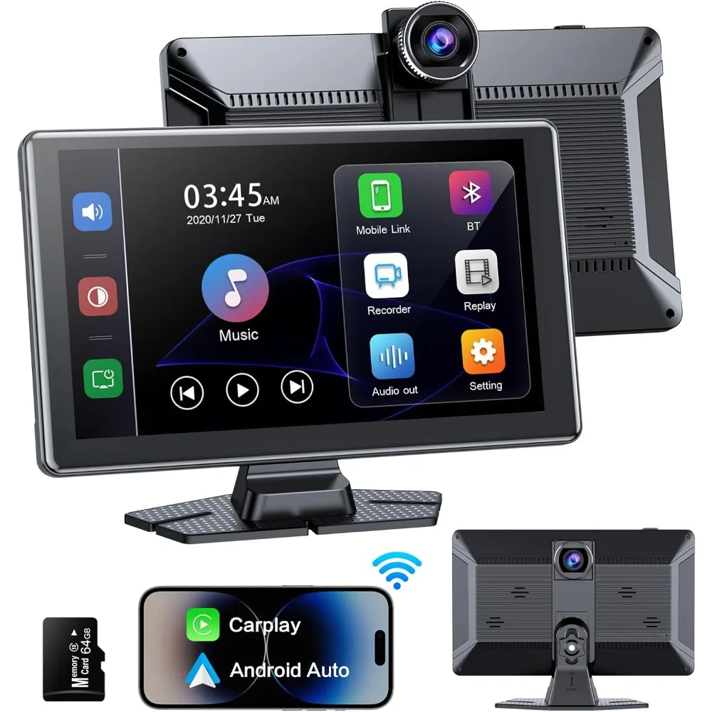 

Портативный беспроводной экран Carplay, 9-дюймовый сенсорный экран с фронтальной камерой 4K HD, автомобильная стереосистема с Carplay и Android Auto