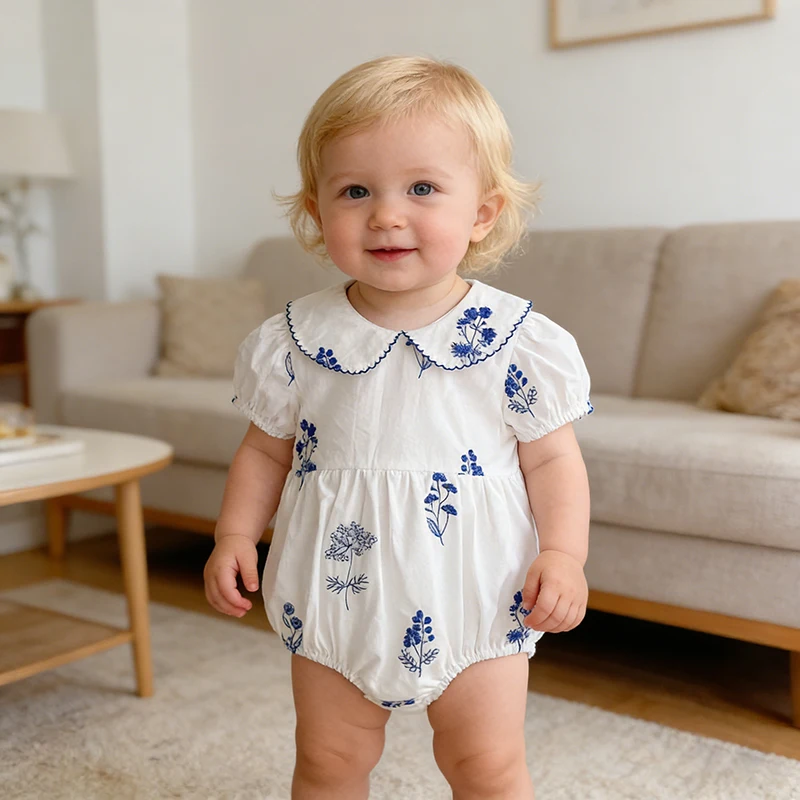 Sommer Neu 0-24M Bodysuit Puffärmel Baby Mädchen Kleidung Mädchen Retro Peter-Pan-Kragen Jumpsuit Kinder-Stil Strampler – Detail 14