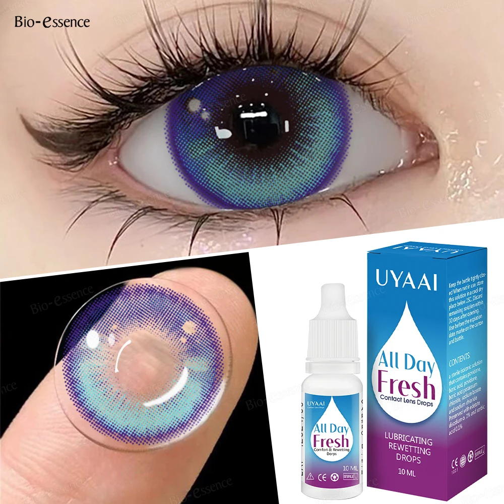 [1 Juego de lentes de colores + solución de 10 ml] Lentes de contacto de colores Lentes azules de moda con solución para ojos para alumnos de 1 año