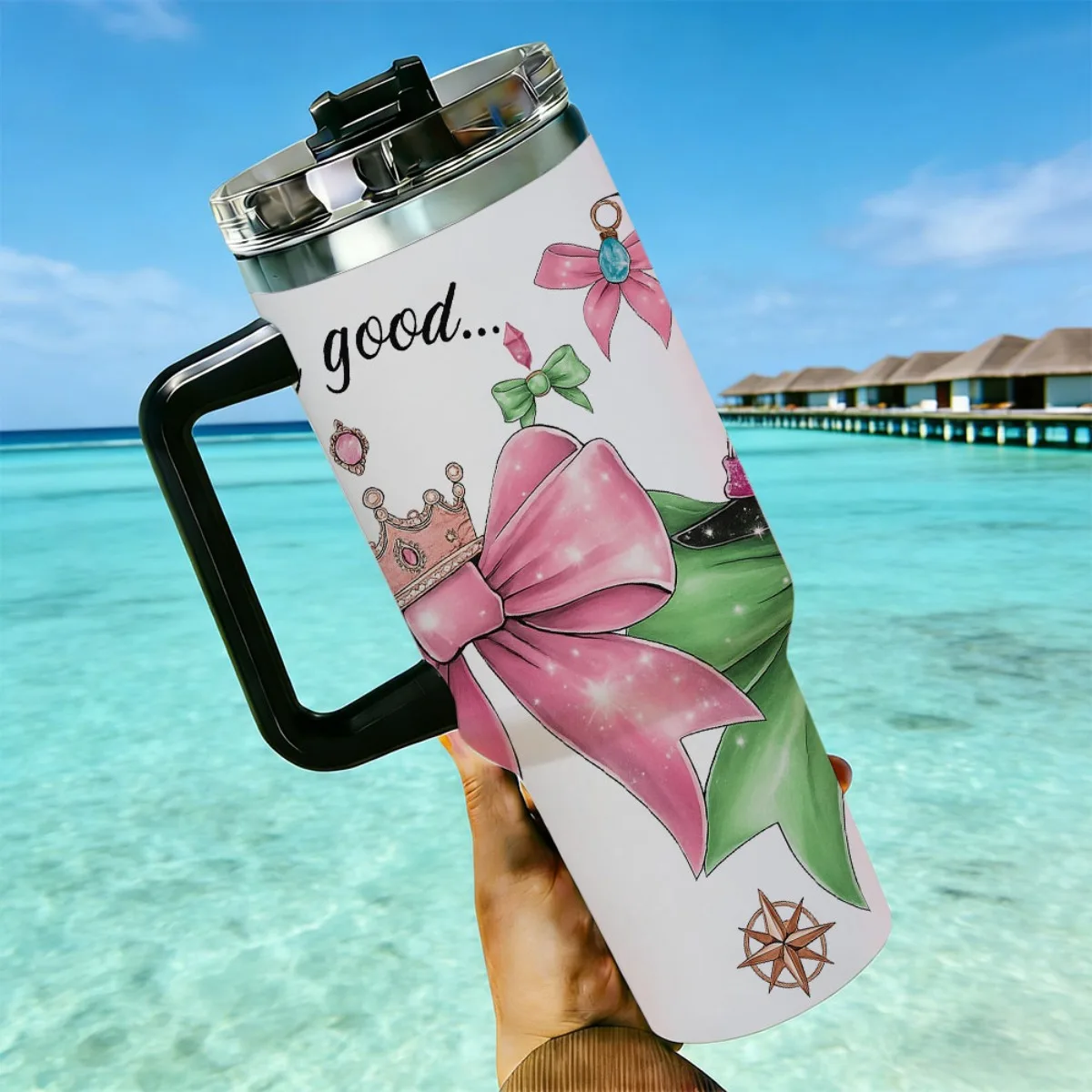 Pink Green Bow Witch Hat Crown Compass Print 40oz Insulated Tumbler Stainless Steel Travel Cup With Color Handle Straw Lid