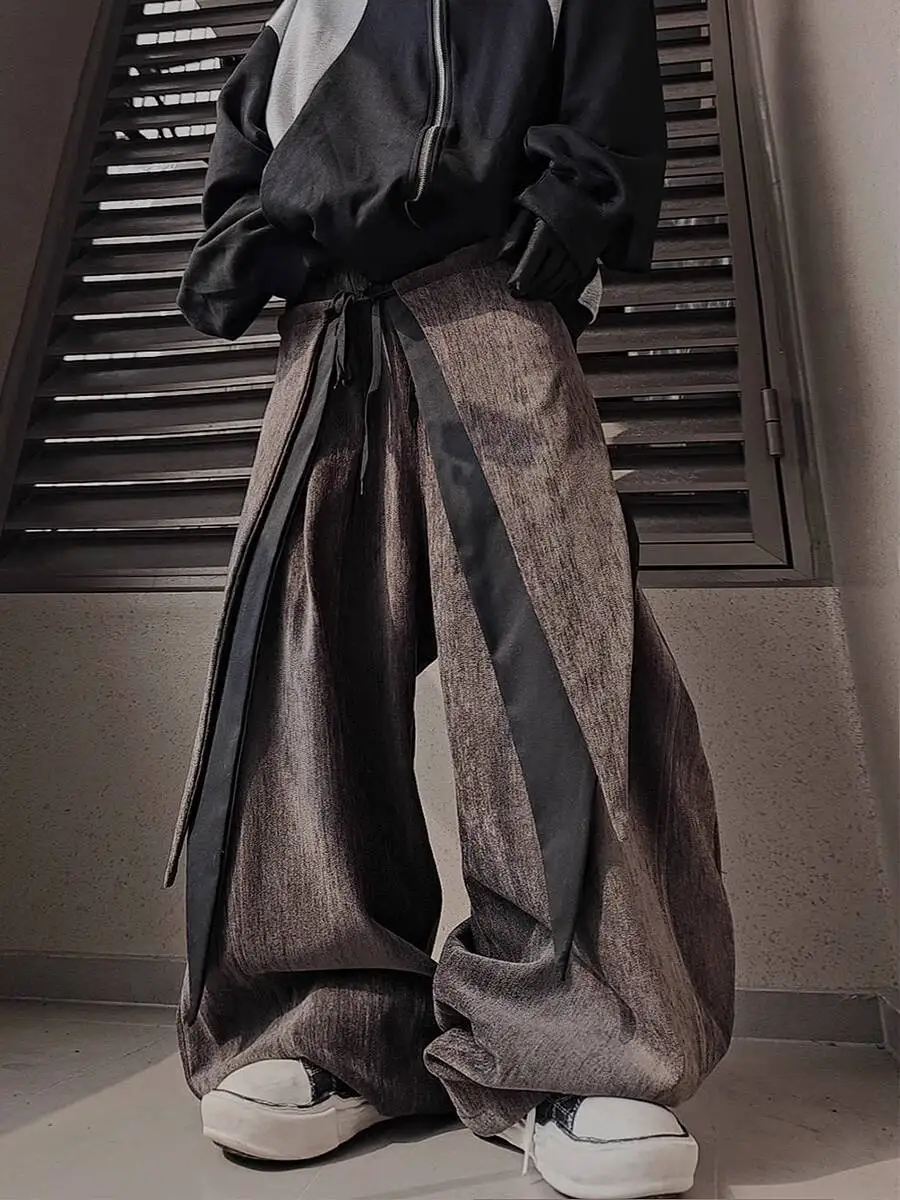 

Unisex Wide Leg Pants 2026 Spring Retro High Street Cargo Layered Pants Man Women Straight Hip Hop Fake Two Piece Trousers