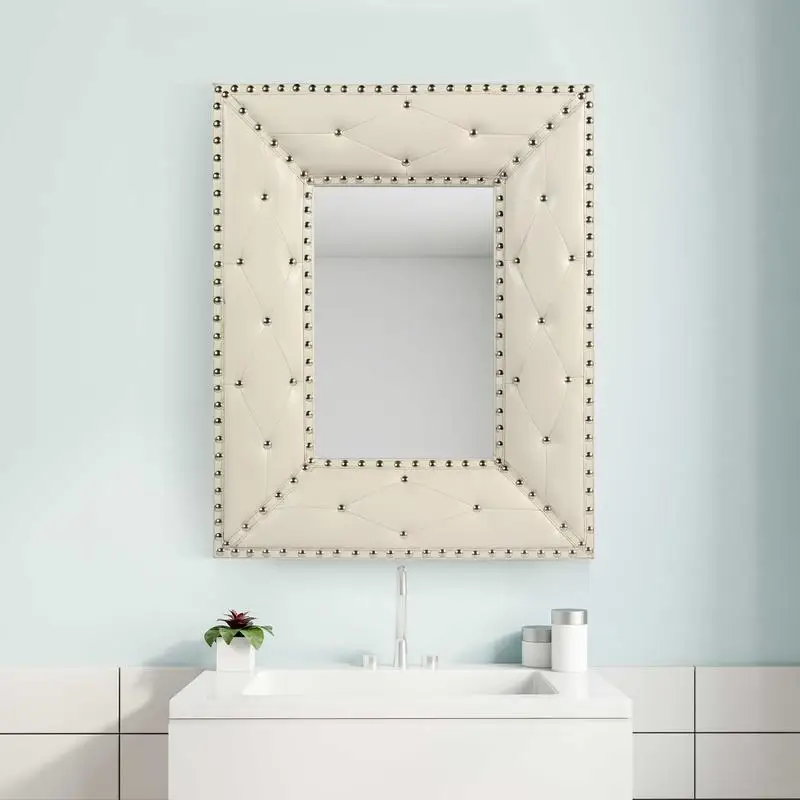 

White Rectangular Wall Hanging Mirror, Decorative PU Covered MDF Frame for Bedroom, Living Room, Vanity, Entryway, 21x26 Inches