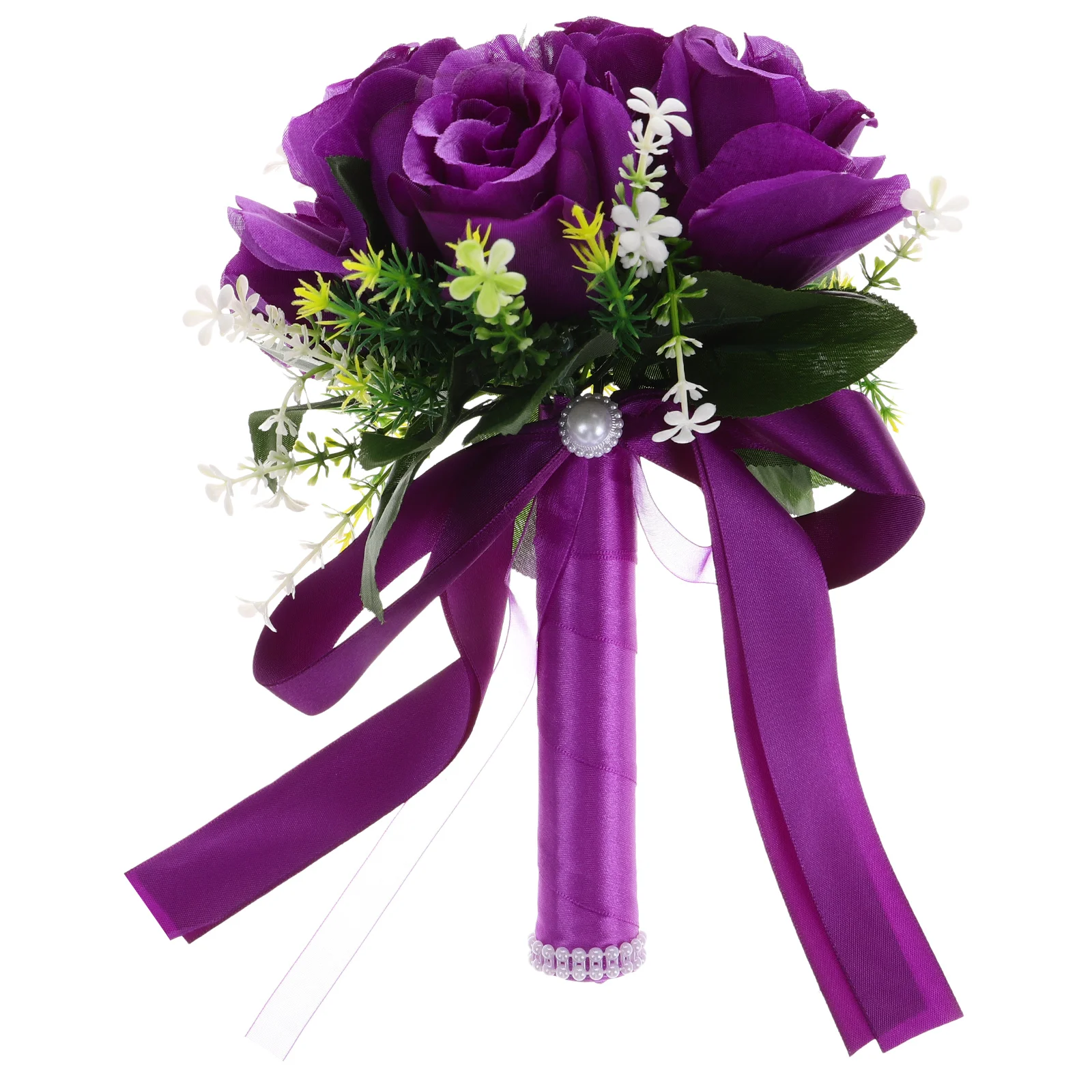 

Artificial Bridal Bouquet Purple Silk Ribbon Roses Small Size Wedding Party Faux Flower Bouquet Lightweight Realism