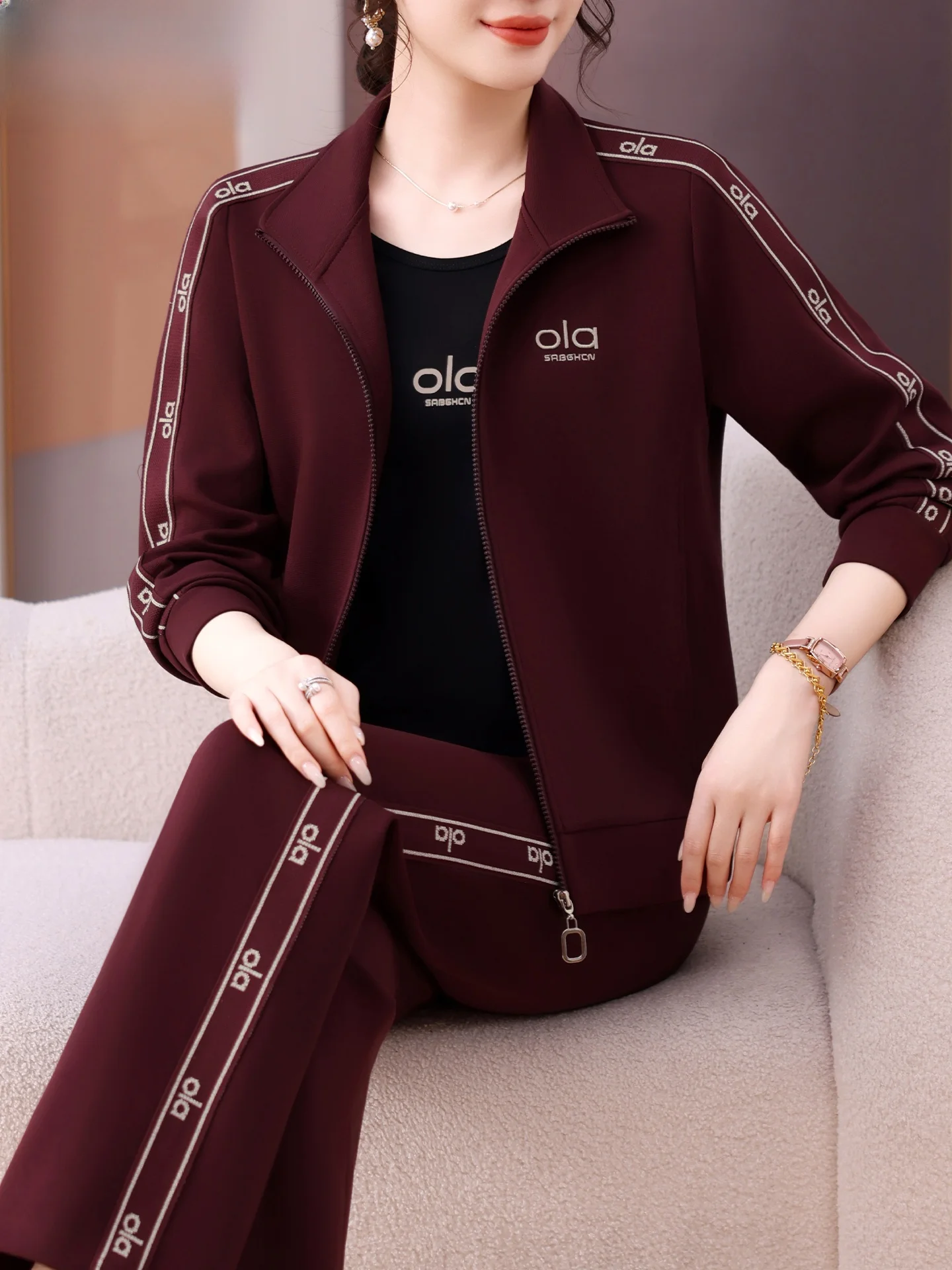 

Повседневный модный осенний комплект из двух предметов для женщин среднего и старшего возраста: спортивные свободные брюки с молнией