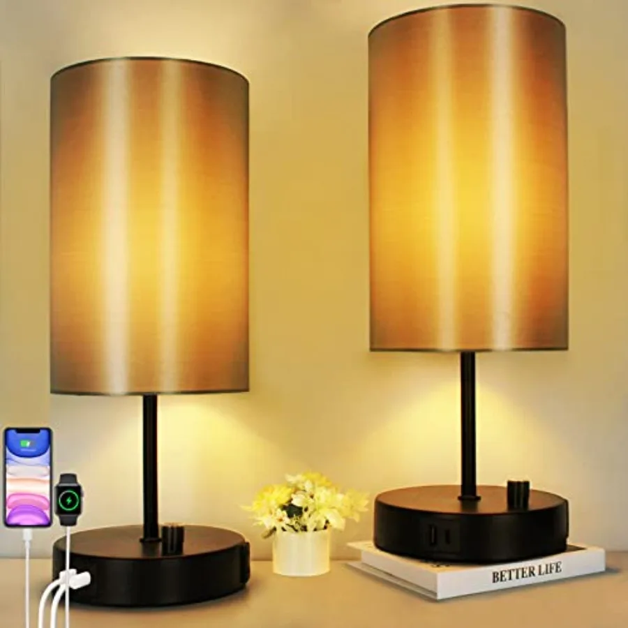 

2-Pack 17.75" Dimmable Bedside Table Lamps with 2 USB Charging Ports and AC Outlet, Industrial Black Nightstand Lights with Sil