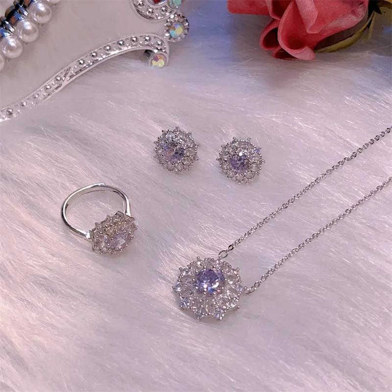 925 sterling silver high-end purple zircon exquisite earrings full of diamonds ring necklace noble three piece set for women
