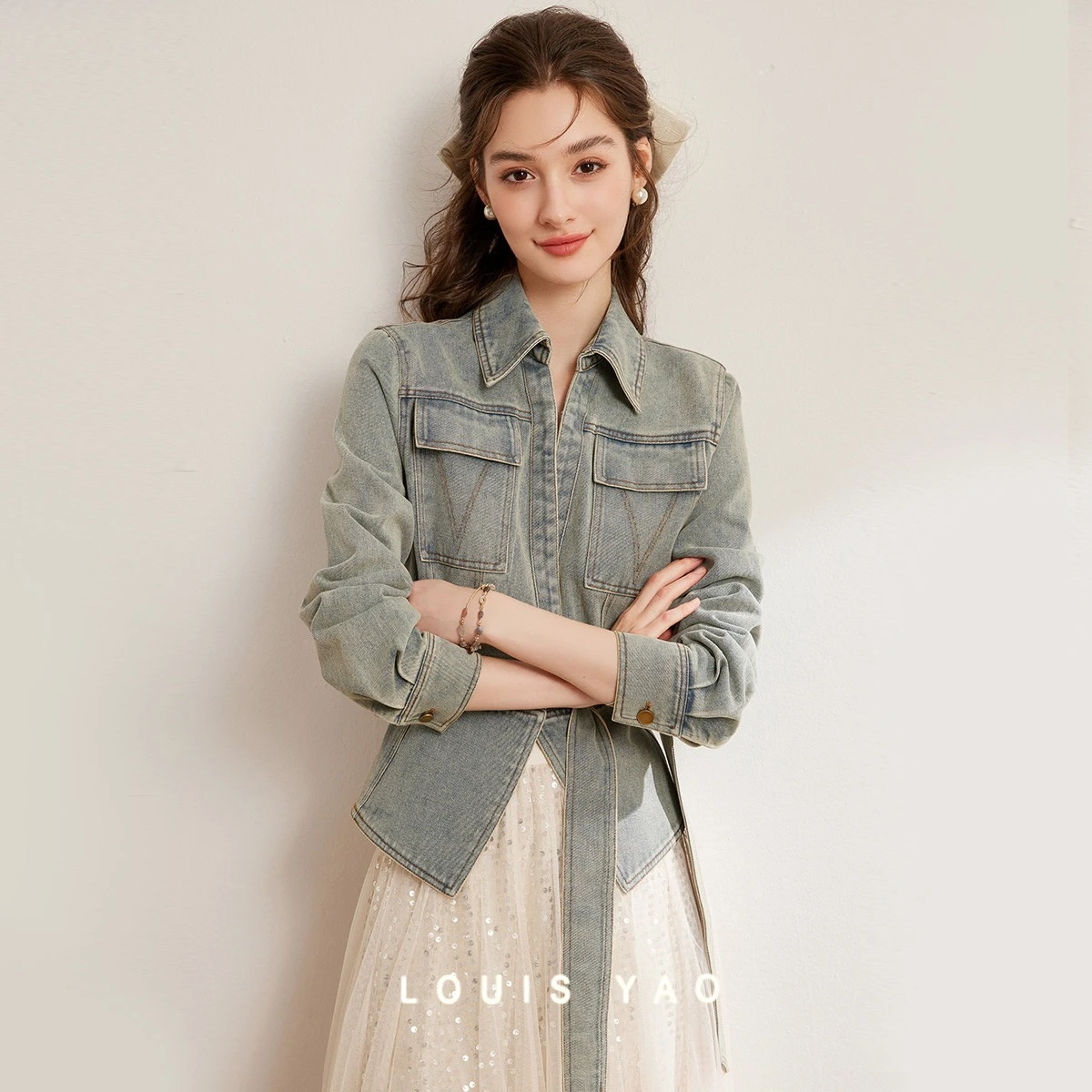 

LOUIS YAO New Retro Washed Cowboy Denim Coat 2025 Spring Craft Lapel with Detachable Belt Slim Fit Jeans Jacket Women's Top