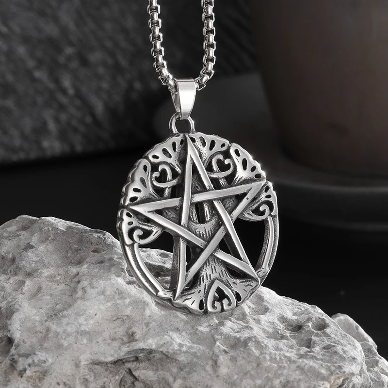 Wiccan Necklace Pagan Pendant Men Women Stainless Steel Silver Plated Pentagram Nordic Raven Mystic Necklace