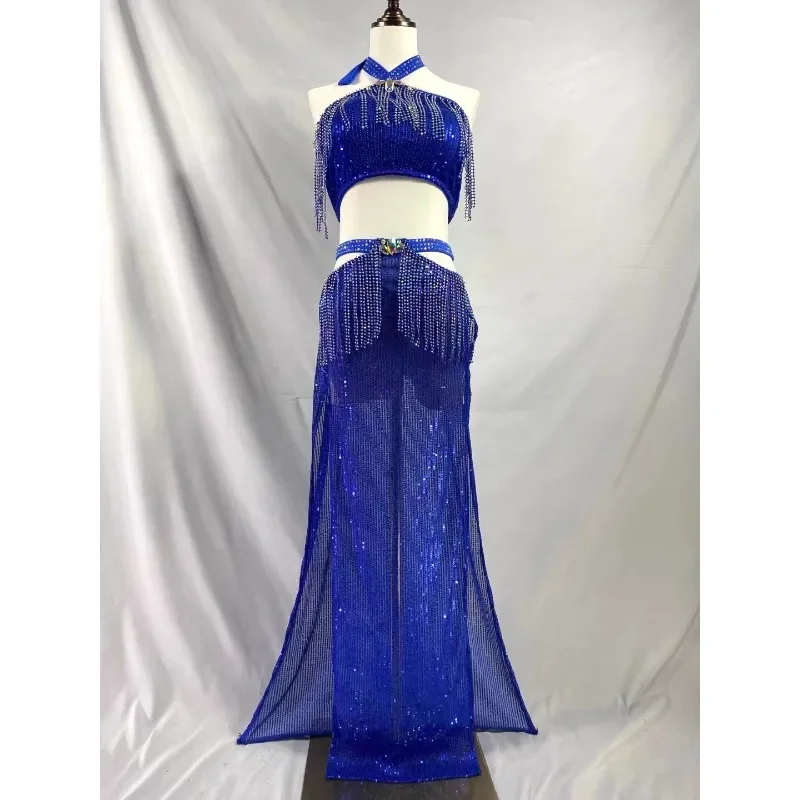 

Belly Dance Costumes with Diamond Tassel Long Skirt Set Practice Suit Oriental Dance Full Diamond Dance Suit Class Uniform