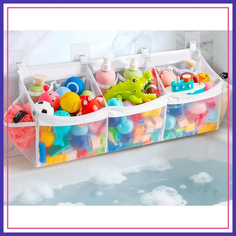 

Extra Large Bath Toy Organizer with 3 Compartments & Multiple Pockets, Quick-Dry Mesh Bathtub Storage for Toys