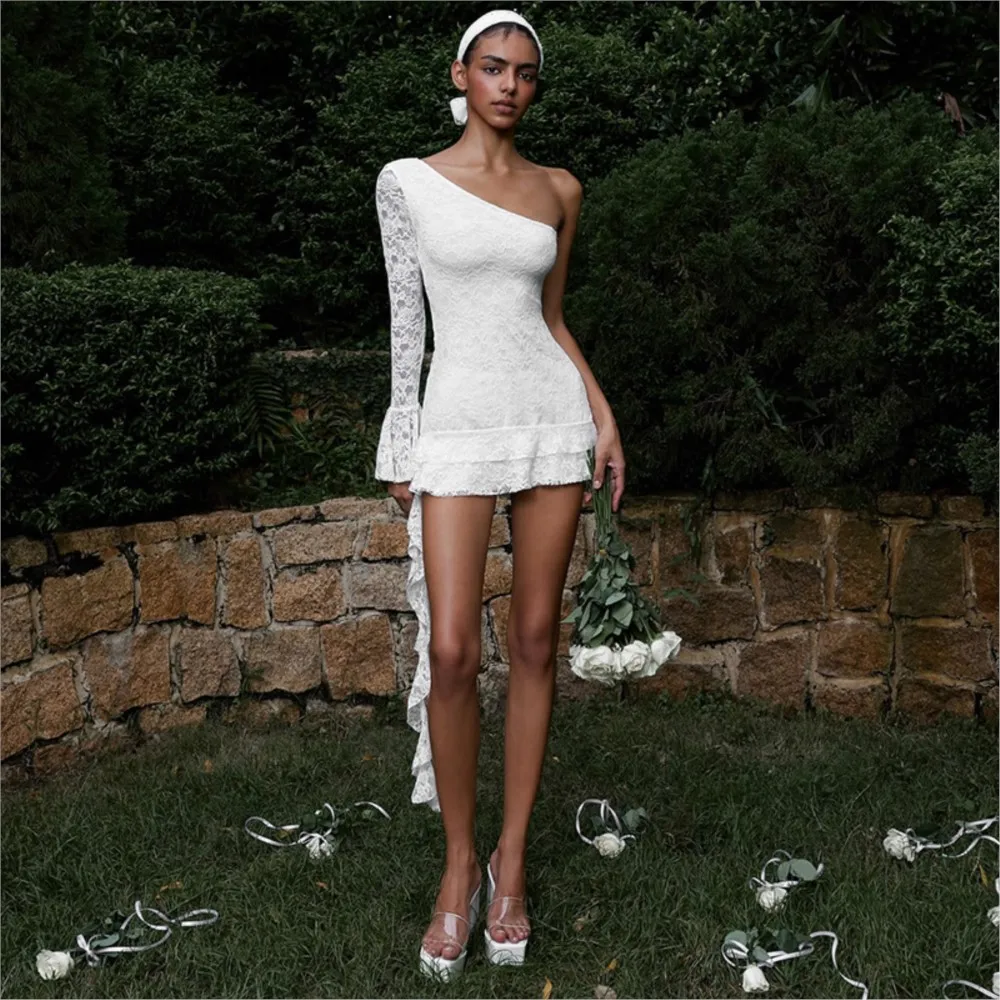 

One-shoulder Sleeve Ruffled Ribbon Dress Women's Spring Summer New Women's Fashion Long-sleeved Short Dress Ropa Mujer Vestidos