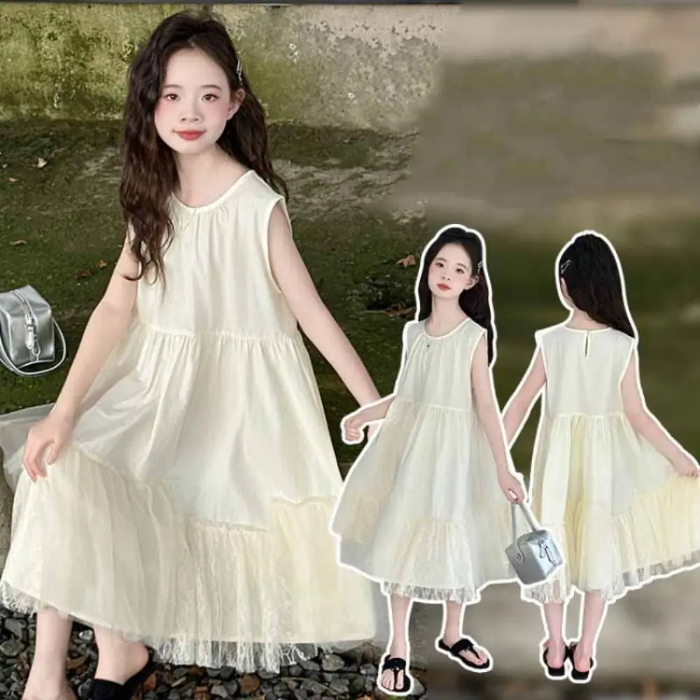 

Elegant Loose Girls Sleeveless Dress Pleated Teenagers Summer Kids Dresses Sweet Lace Mesh Children Princess Dress Beach