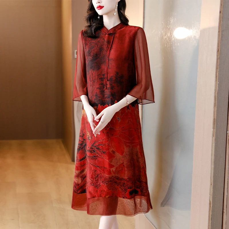 2024 Summer Red Silk Floral Luxury Wedding Dress Chinese Style Short Sleeve Loose Dress Women Korean Vintage Elegant Party Dress