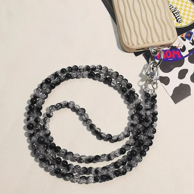 Mobile Phone Lanyard Long Crossbody Can Back Hand-beaded High-end Black Gray Round Bead Chain Diagonal Chain Rope  Iphone 15 Pro