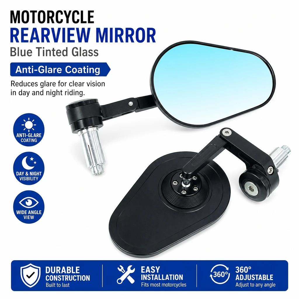 CNC Motorcycle Bar End Rearview Mirror Large Lens Anti-Glare Blue / Clear Glass Side Mirror Universal Motorbike Modified Rear Vi