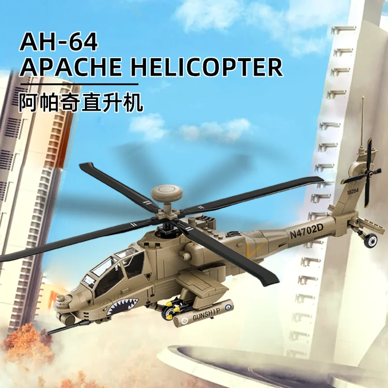 

2024 US Army WW2 Military Air Weapon AH-64 Helicopter Gunships Apache Model Building Blocks Classic Fighter Bricks Aircraft Toys