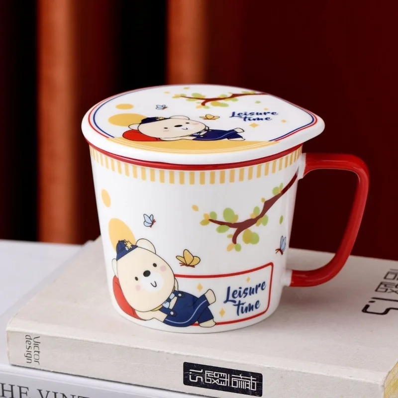 Cartoon Bear Noodle Cup Bowl Creative with Cover Box Student Lunch Box Instant Noodle Soup Dinner Lunch Ceramic Bowl