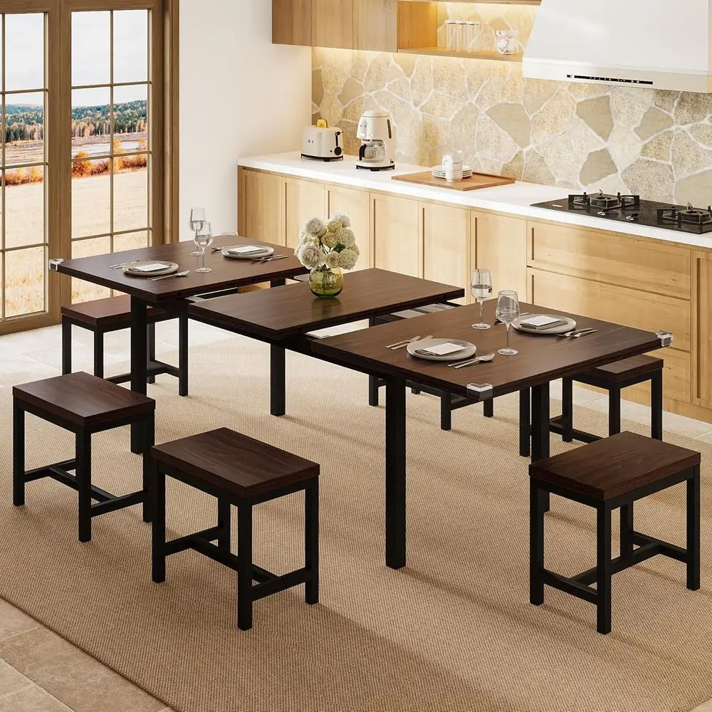 

63 Extendable Dining Table Set with 6 Stools, Modern Metal and MDF Table, Space-Saving, Easy Assembly