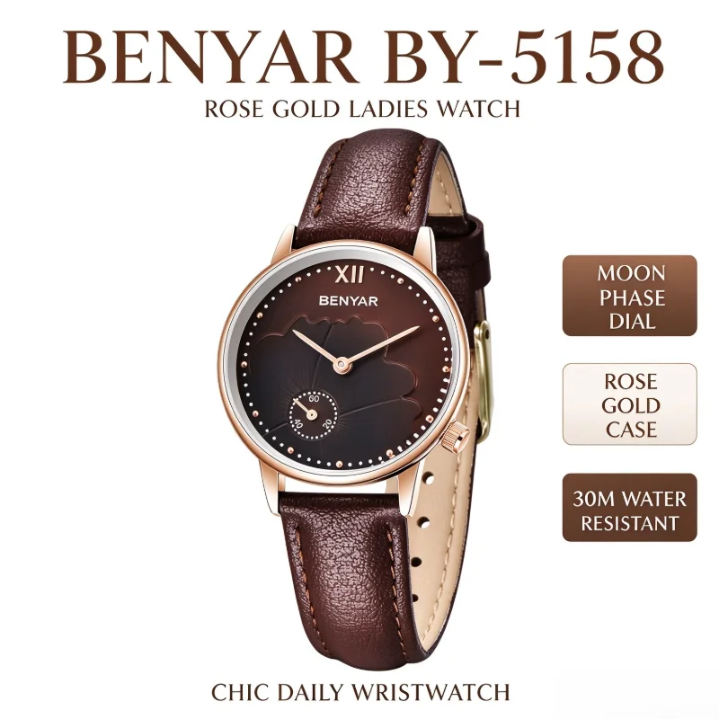 BENYAR BY-5158 Luxury Classic Dress Quartz Wristwatch, Slim Stainless Steel Case, Elegant Leather Strap, 30M Water Resistant