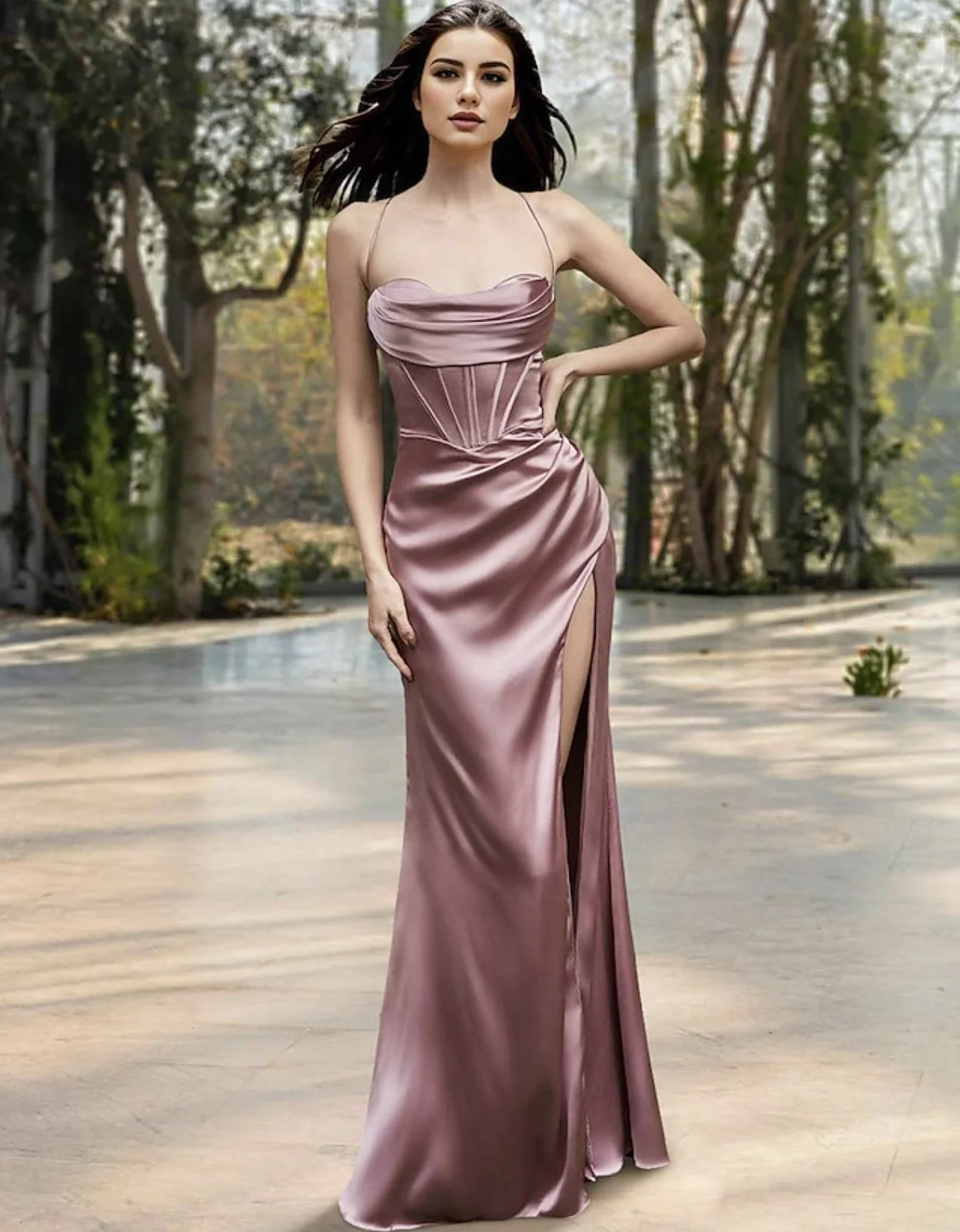 Robe de Rhsirène en satin avec fente froncée, corsets, longueur au sol, bretelles spaghetti, robe d'invité au mariage, soirée formelle, 2024