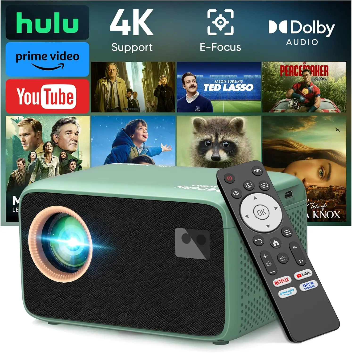 

Проектор 4K с Wi-Fi и Bluetooth для Netflix, Prime Video, YouTube — портативный домашний кинотеатр для просмотра фильмов, игр и кемпинга в помещении и на улице