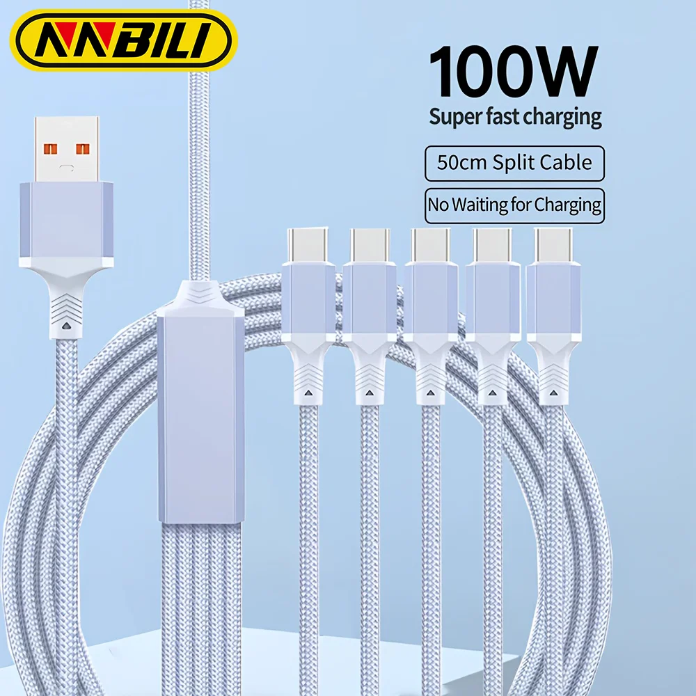 Cable de Carga USB-A 5 en 1 NNBILI de 100W, Superrápido, para Teléfonos Móviles, Compatible con iPhone 17, Huawei, Samsung, Xiaomi, Cable de Datos