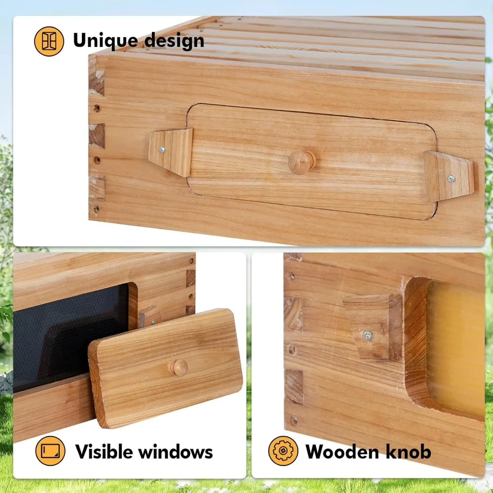 مجموعة أدوات إطار خلية النحل مع نوافذ، صناديق خلية النحل المطلية بشمع العسل لانجستروث لمربي النحل مع إطارات خلية النحل والشمع