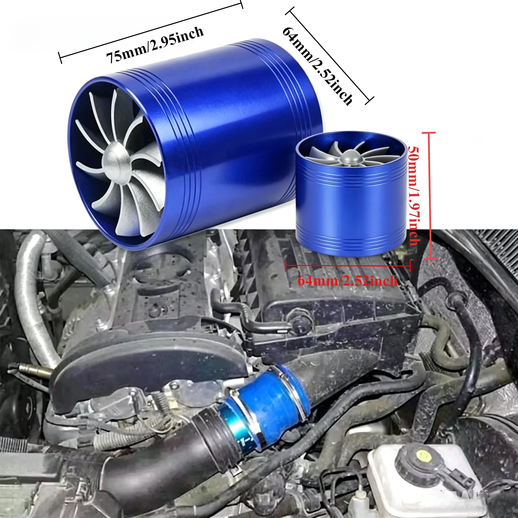 Car Air Intake Turbonator Dual Fan Supercharger Power Turbo Fuel Gas Saver Ventilator Universal Modification Kit