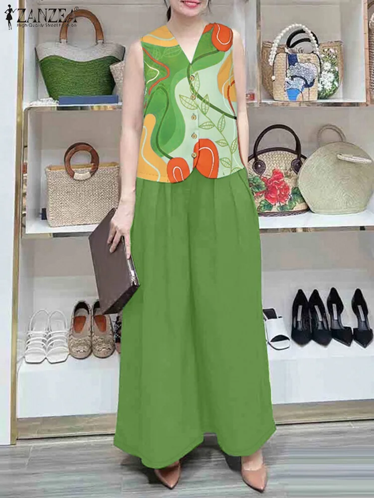 

ZANZEA Summer 2PCS Outfits Women Fashion Matching Sets Sleeveless Printed Vests Tops Pant Suit 2025 Casual Work OL Tracksuits