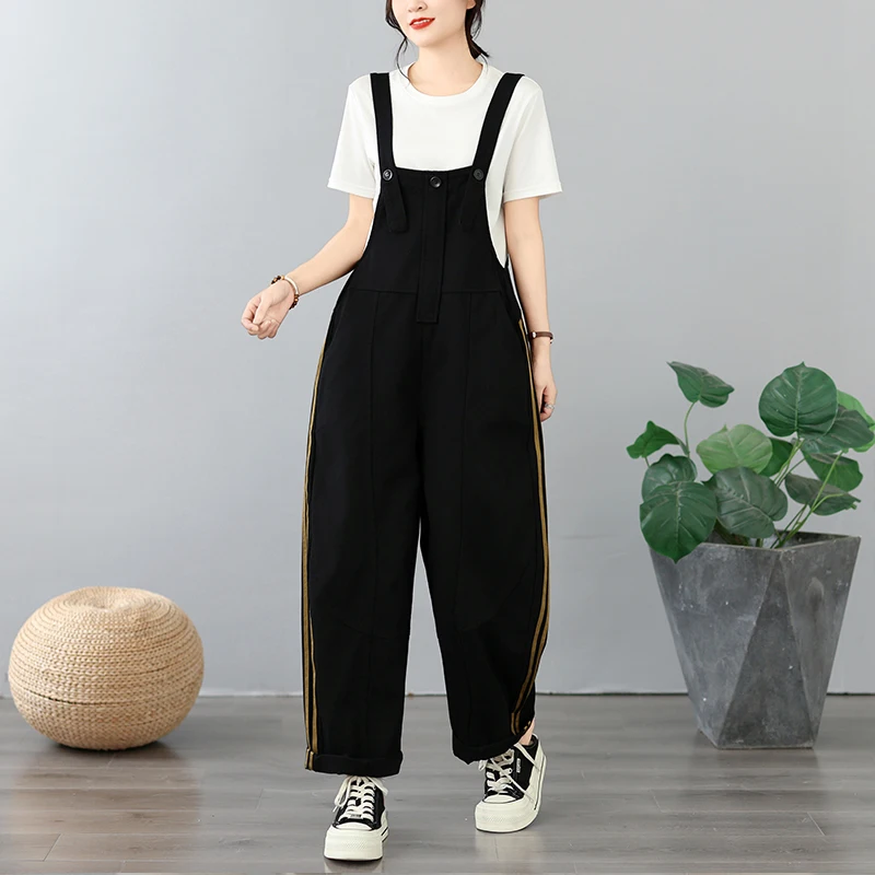Loose Casual Denim Overalls Creative Decoration Straps plus Size Button Pure Color Long Pants for Plump Sister
