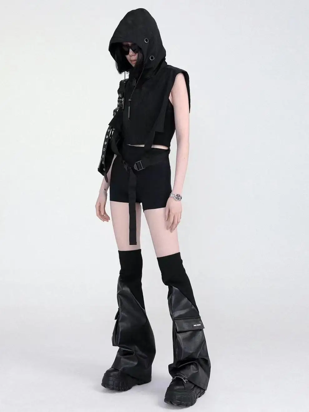 Ropa de trabajo con bolsillo estilo punk para motocicleta de cuero PU 2025, rodillera para mujer con cubierta para pierna y viento