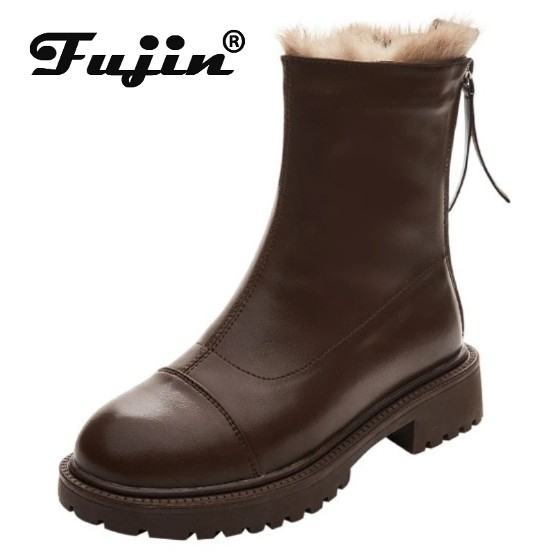 Fujin 4cm New 2024 Microfiber Women Ankle Motorcycle Boots Snow Motor Booties Footwear Winter Warm Fur Thick Plush Zipper Shoes