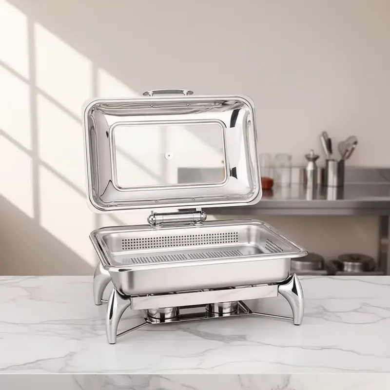 DELE 6L Stainless Steel Buffet Warmer Silver Square Alcohol Stove with Visible Hydraulic Lid Hotel Restaurant Food Insulator