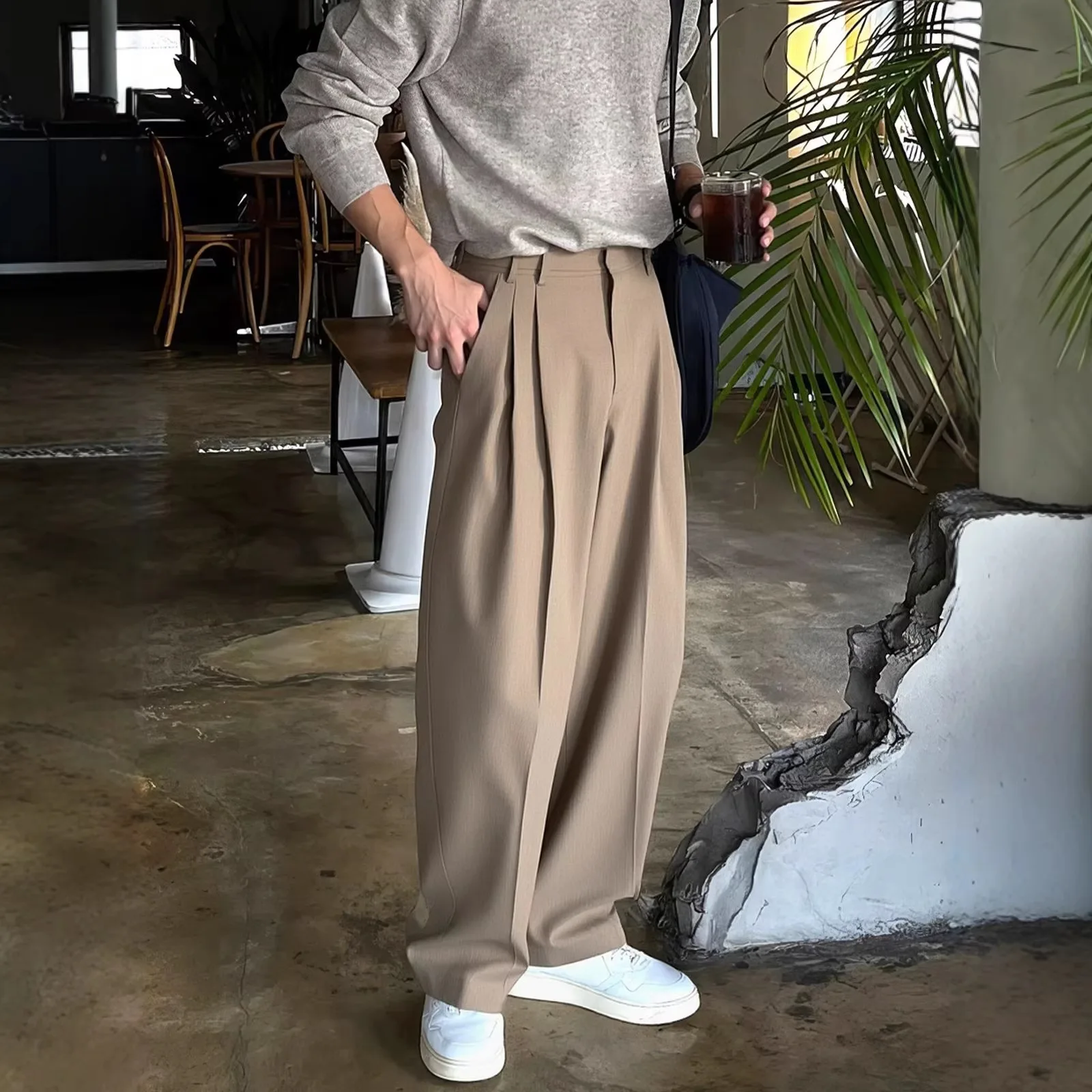 Men's Old Money High Waist Pleated Wide Leg Dress Pants Casual Loose Suit Trousers