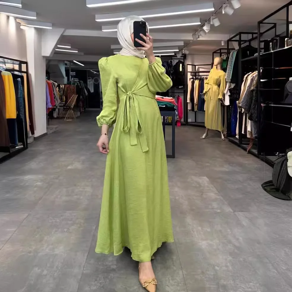 2024 Spring And Autumn New Muslim Women's Fashion Solid Color Tie Up Big Swing Robe Dress