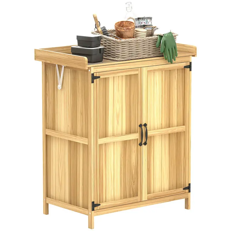 Abri de jardin, abri à outils extérieur, avec plan de travail, bois et acier inoxydable, portes doubles, bois naturel
