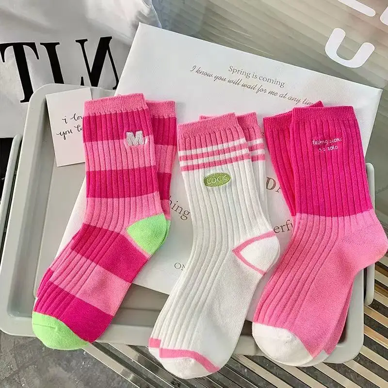

Korean style college style embroidered striped mid calf socks fashionable and trendy for the back to school season
