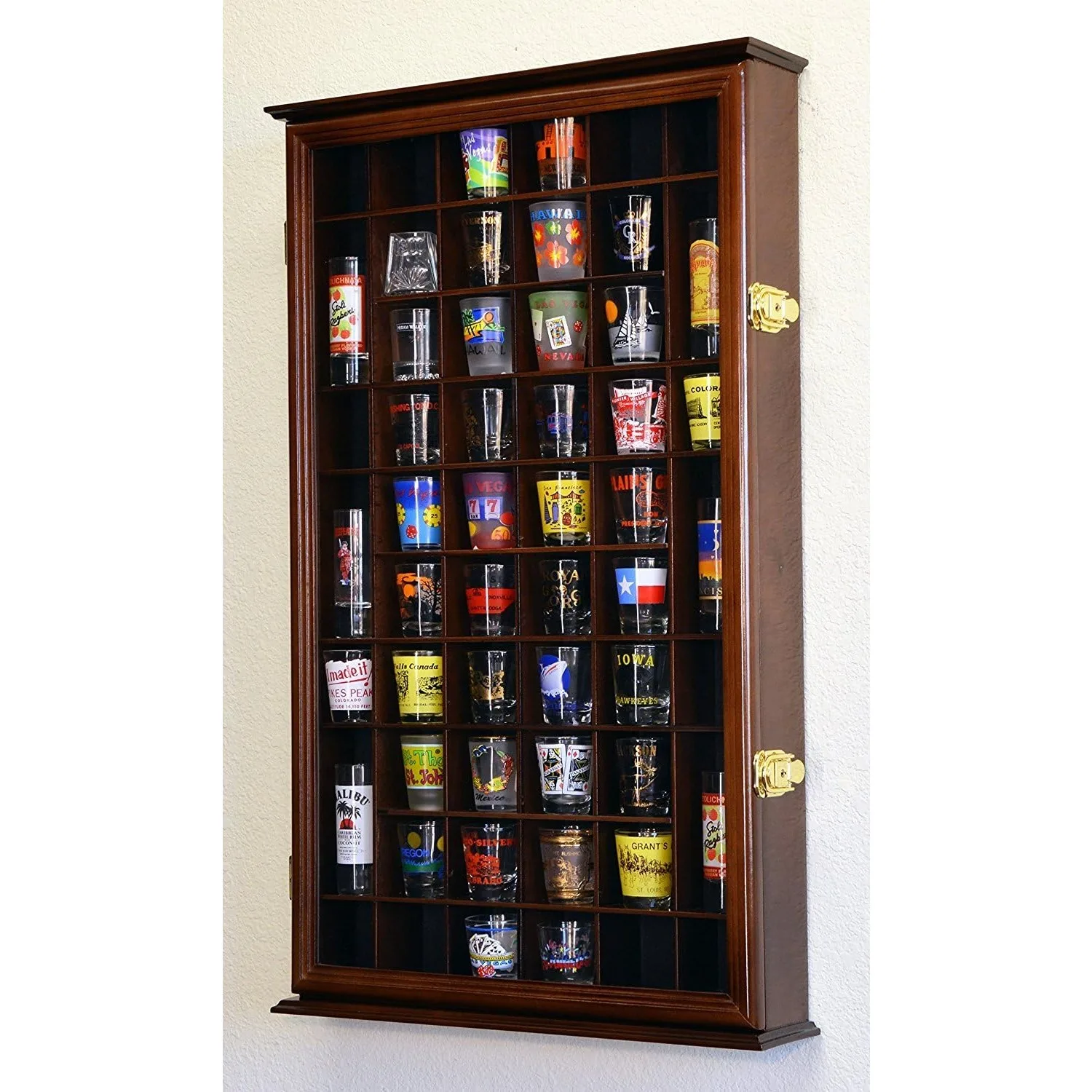 54 Shot Glass Shotglass Shooter Display Case Holder Cabinet Wall Rack w/UV Protection -Walnut