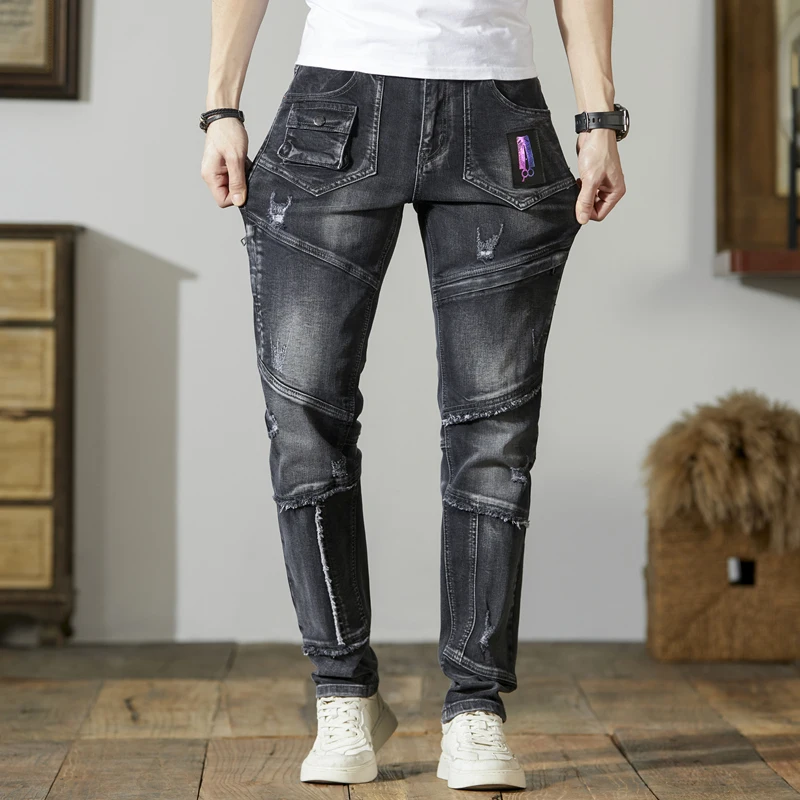 Men's black jeans trendy American street zipper slim fit pencil pants stitching stretch casual motorcycle pants