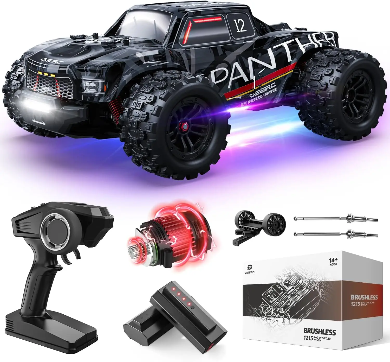 1/14 Brushless Fast Extreme 70kph 4X4 Off-Road Truck, 7 Lighting Modes Remote Control with 2 Li-ion Batteries, Electric Large Tr