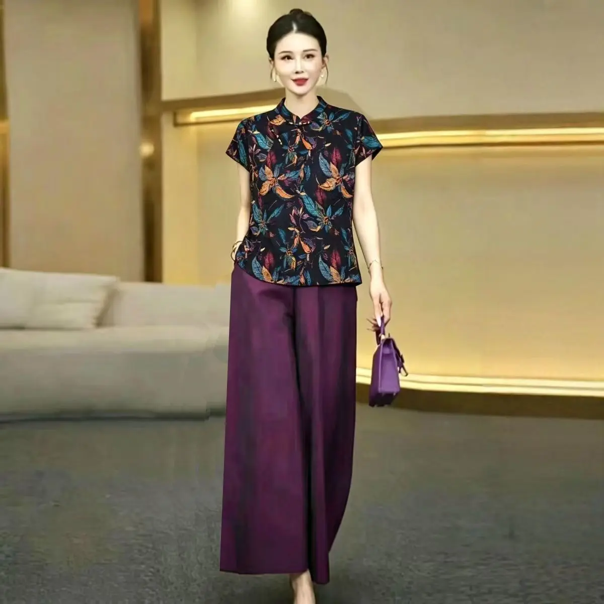 Silk Suit Summer Mother's New Retro Cheongsam Shirt Tops + Printing Pants Two Piece Set Elegant Wide Leg Pants Women Outfit 7XL