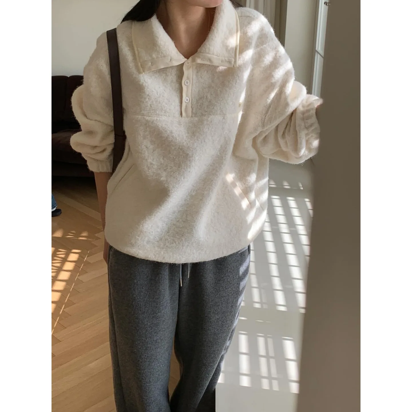 Automne hiver décontracté chaud Sweat Jaet femmes Chic Vintage col Design paresseux haut coréen Sle Streetwear