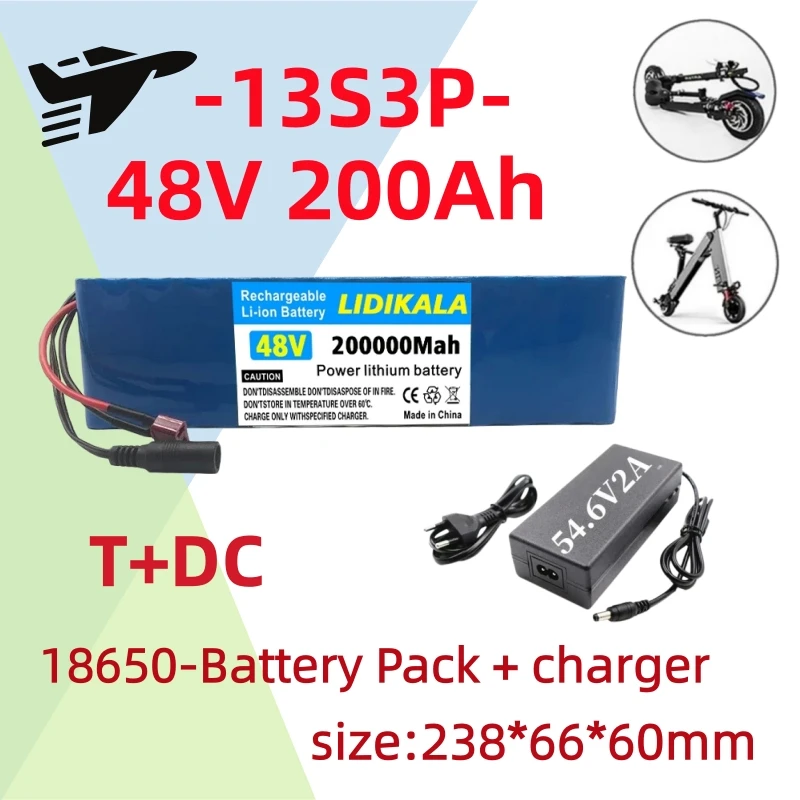2026 Neues Modell 48V 200Ah 13S3P 1000W Wiederaufladbarer Lithium-Akku mit BMS-Schaltkreis & 54,6V Passendem Ladegerät, DC-Ausgangsleistungsbatterie für 48V Bürstenlosen Motor, Modifiziertes