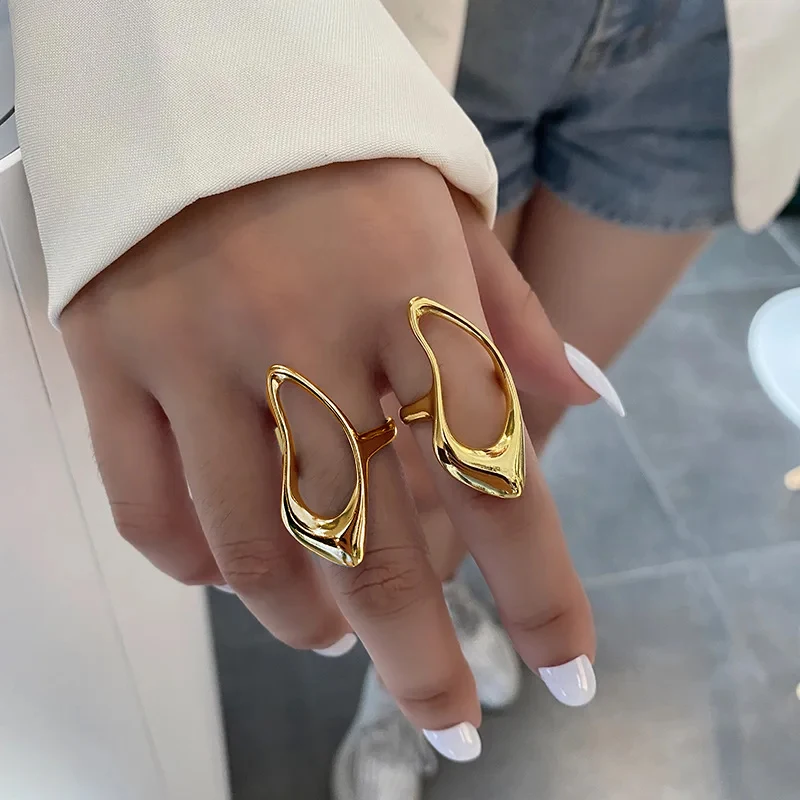 New 18K Gold Plated Hollow Out Geometric Irregular Indie Finger Ring Minimalist Metal Stainless Steel Rings Summer Party Jewelry